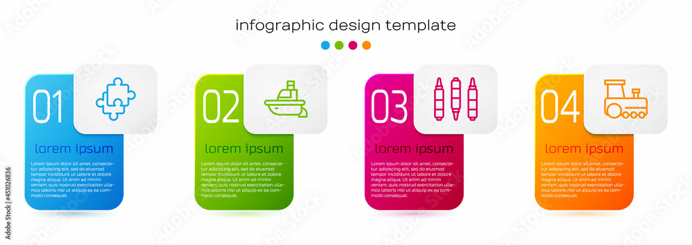 Set line Puzzle pieces toy, Toy boat, Marker pen and train. Business infographic template. Vector