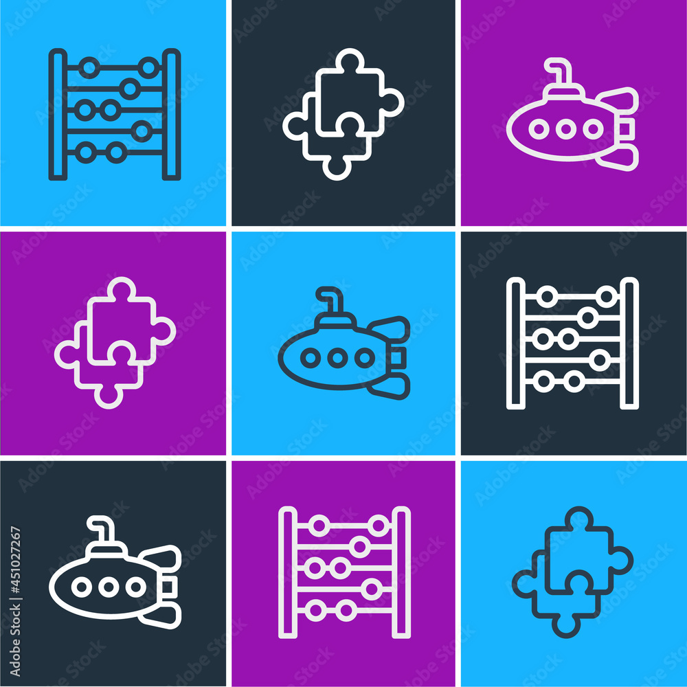 Set line Abacus, Submarine toy and Puzzle pieces icon. Vector