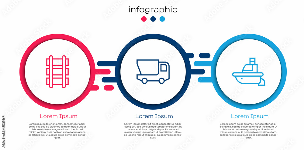 Set line Toy railway, truck and boat. Business infographic template. Vector