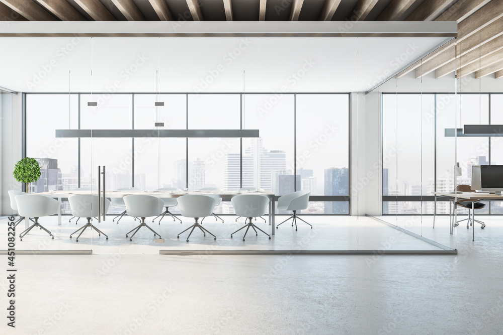 Modern coworking meeting room interior with window and city view, daylight, furniture and equipment.