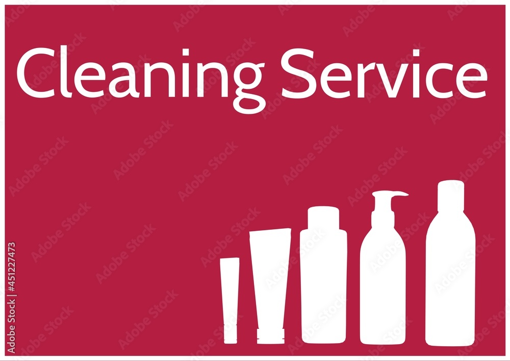 Composition of cleaning services text and cleaning products icons over red background