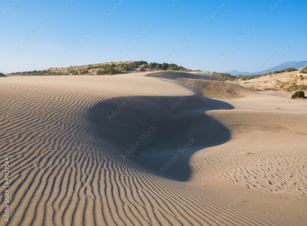 日落时的沙丘。沙漠中的夏季景观。炎热的天气。沙滩上的线条。陆地