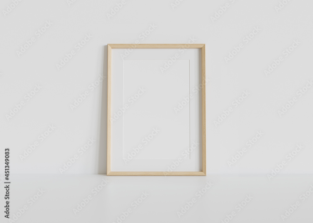 Wooden frame leaning on white floor in interior mockup. Template of a picture framed on a wall 3D re