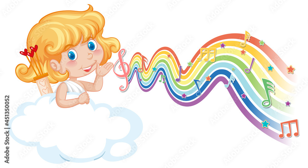 Cupid girl with melody symbols on rainbow wave