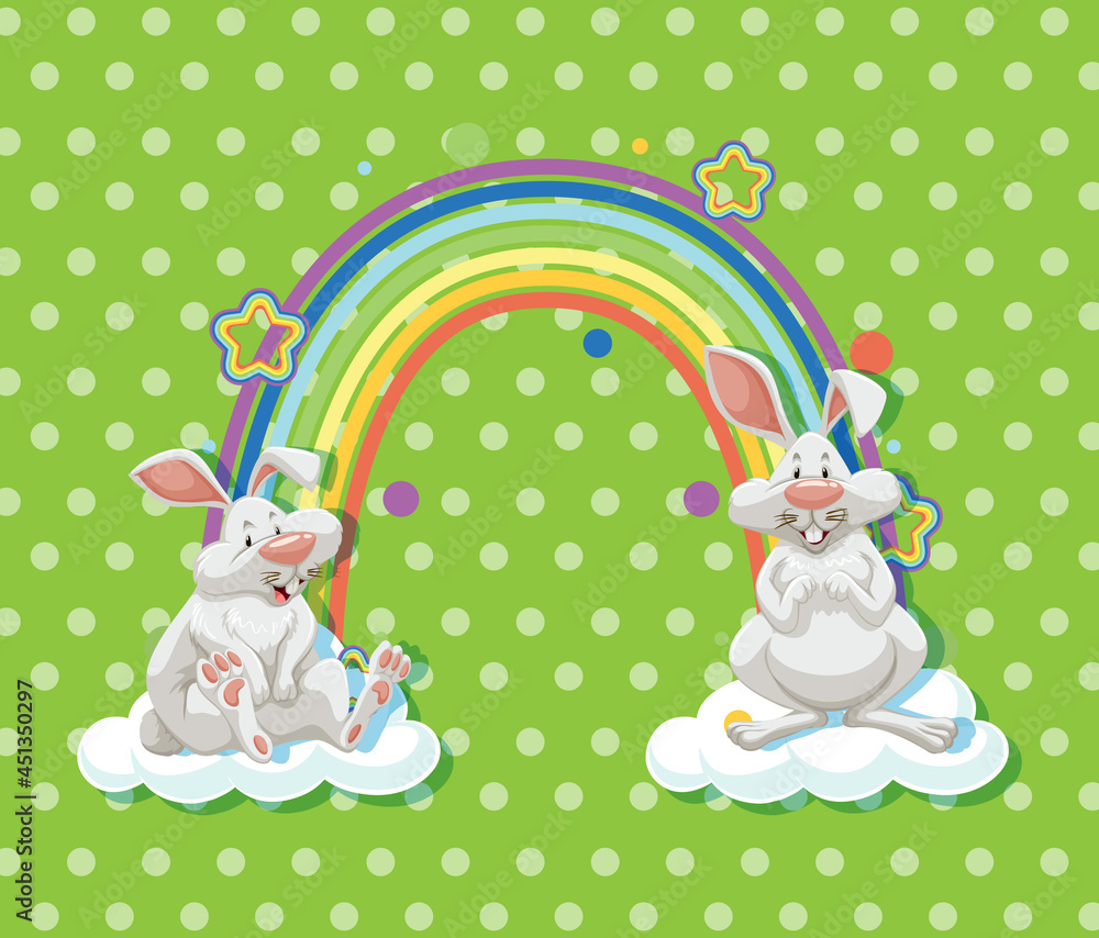 Two rabbits on the cloud with rainbow on green polka dot background