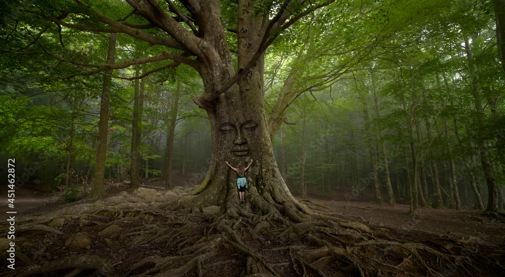 Woman hugging a large tree with face in the forest