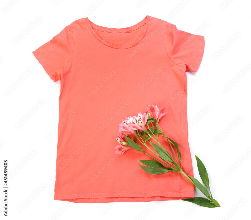 Stylish t-shirt and flowers on white background