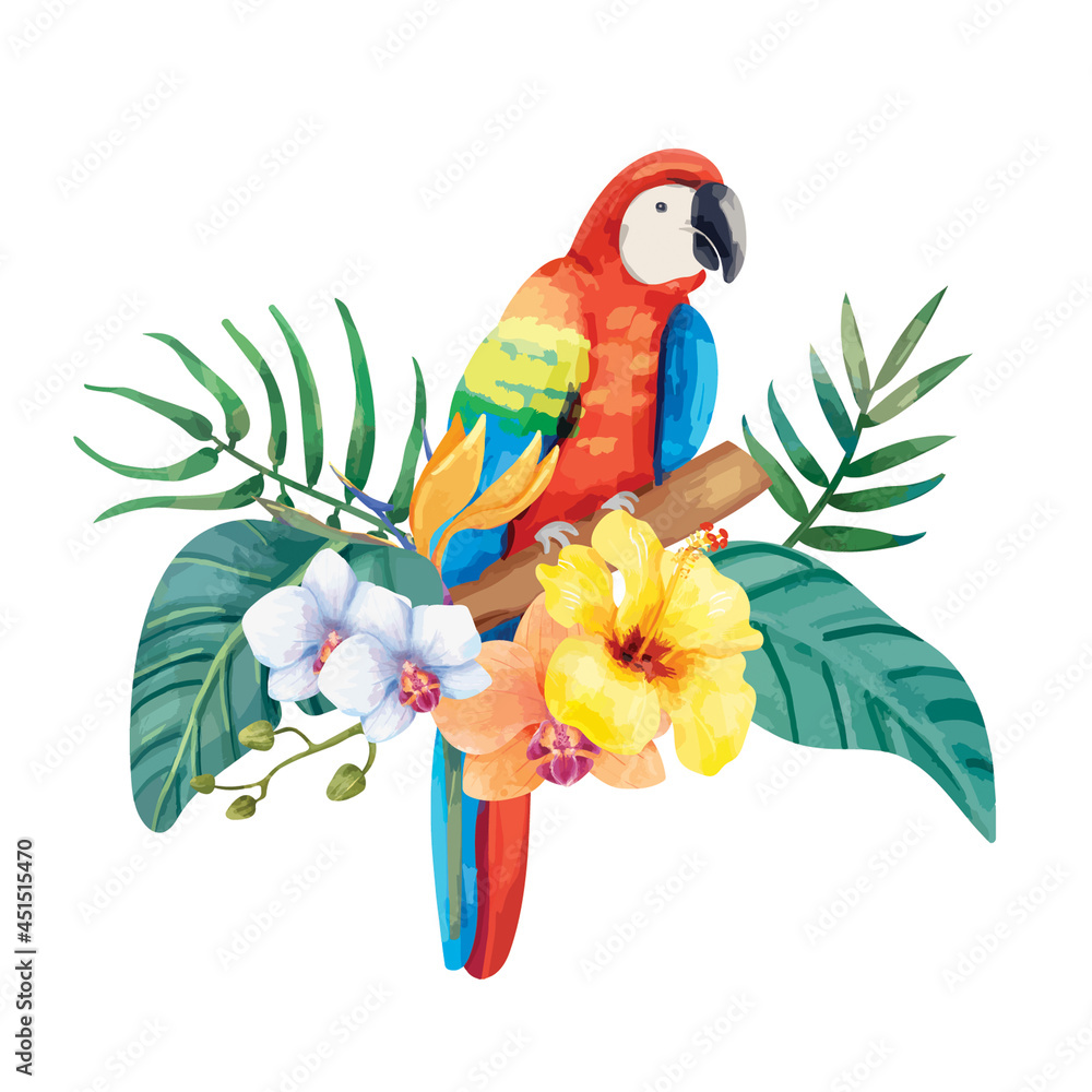 Hand drawn parrot with tropical flowers