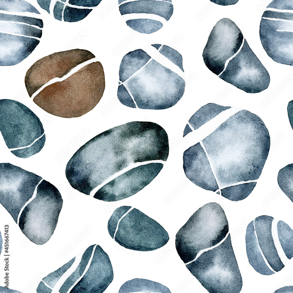 watercolor seamless pattern with river pebbles. oval smooth stones of gray-blue color with white vei