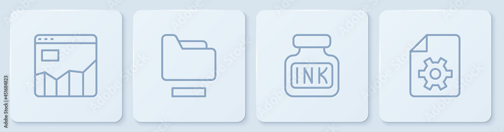 Set line Graph chart infographic, Inkwell, Document folder and settings. White square button. Vector