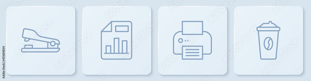 设置行式装订器、打印机、带图表的文档和咖啡杯。白色方形按钮。Vect
