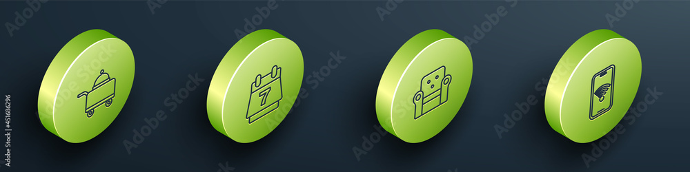 Set Isometric line Covered with tray of food, Hotel booking calendar, Armchair and Mobile wi-fi wire