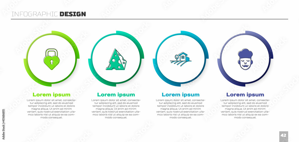 将城堡设置为心形、奶酪、乡村景观和库克。商业信息图模板。