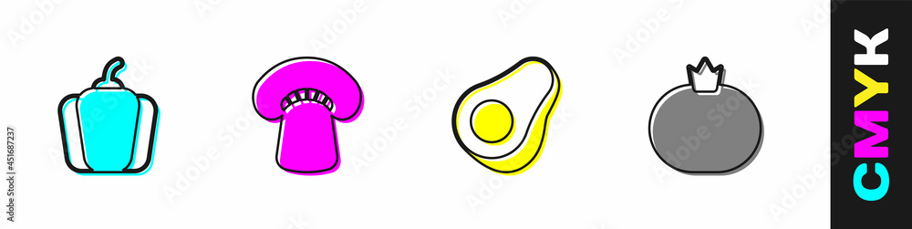 Set Bell pepper, Mushroom, Avocado fruit and Tomato icon. Vector