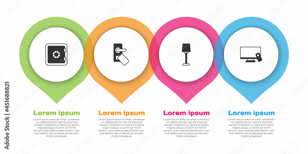 设置保险箱、数字门锁、台灯和智能电视。商业信息图模板。矢量