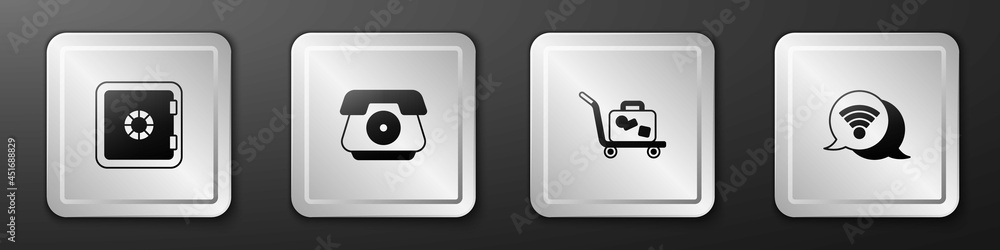 设置保险箱、手机、拉杆箱和Wi-Fi无线互联网图标。银色方形按钮