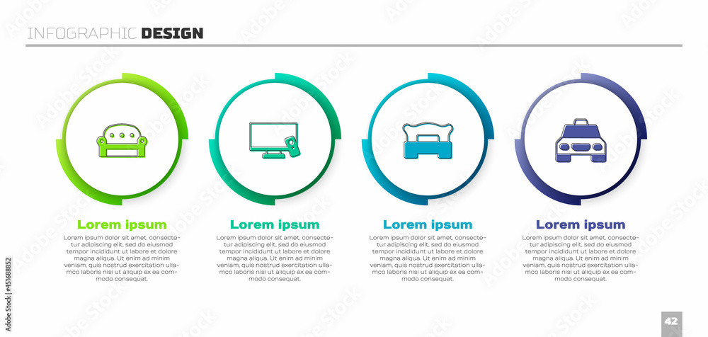套装沙发、智能电视、卧室和出租车。商业信息图模板。矢量