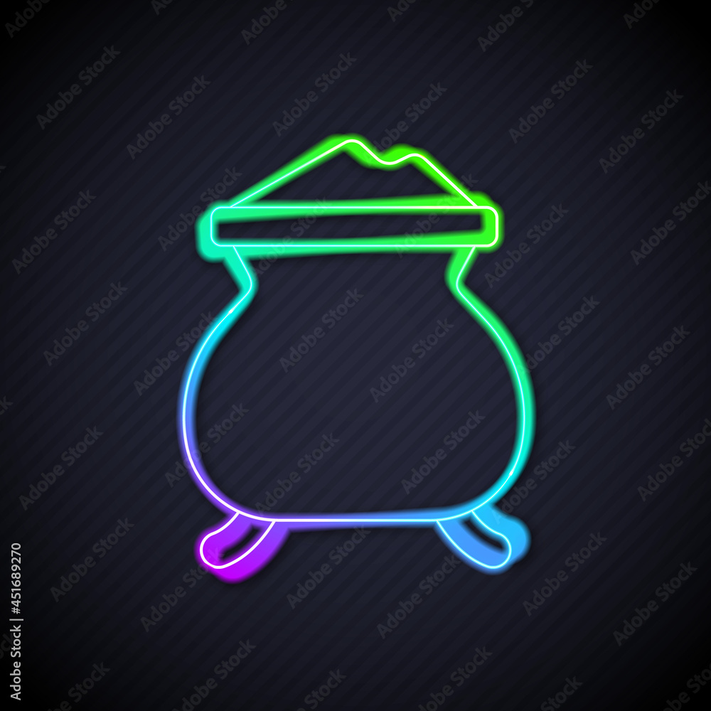 Glowing neon line Molten gold being poured icon isolated on black background. Molten metal poured fr