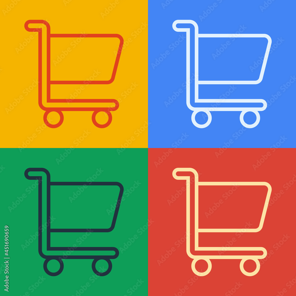 Pop art line Shopping cart icon isolated on color background. Online buying concept. Delivery servic