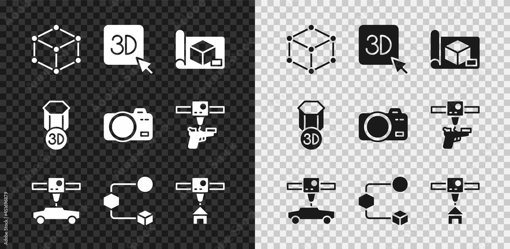 Set Isometric cube, 3D printer, Graphing paper for engineering, car, house, and Photo camera icon. V