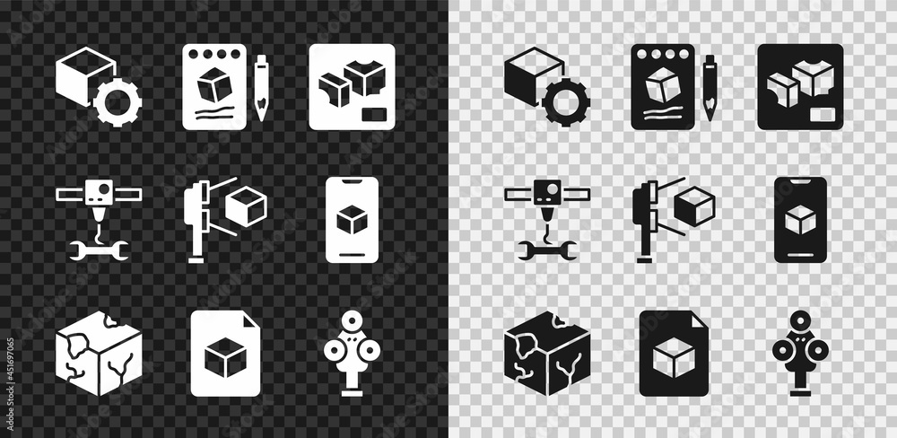 设置等轴测立方体、纸上草图、3D打印机、文件、扫描仪、扳手和带图标的矢量