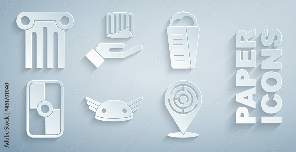 Set Helmet with wings, Gyros Pita Greek, shield, Minotaur labyrinth, Ancient column and icon. Vector