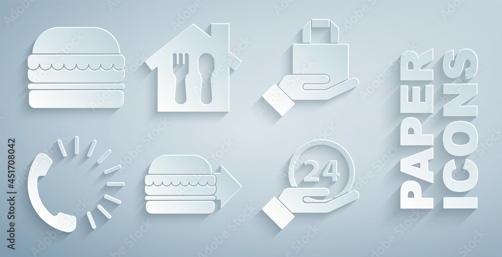 设置在线订购汉堡配送，以及、Food、Clock 24 hours和burger icon.Vvector