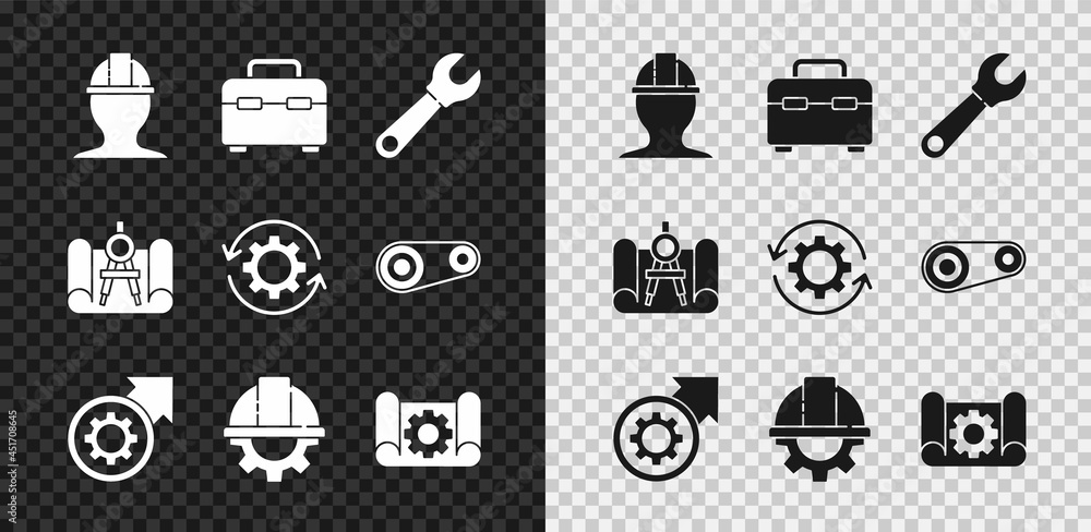 Set Worker safety helmet, Toolbox, Wrench spanner, Gear and arrows as workflow process, gear, Graphi