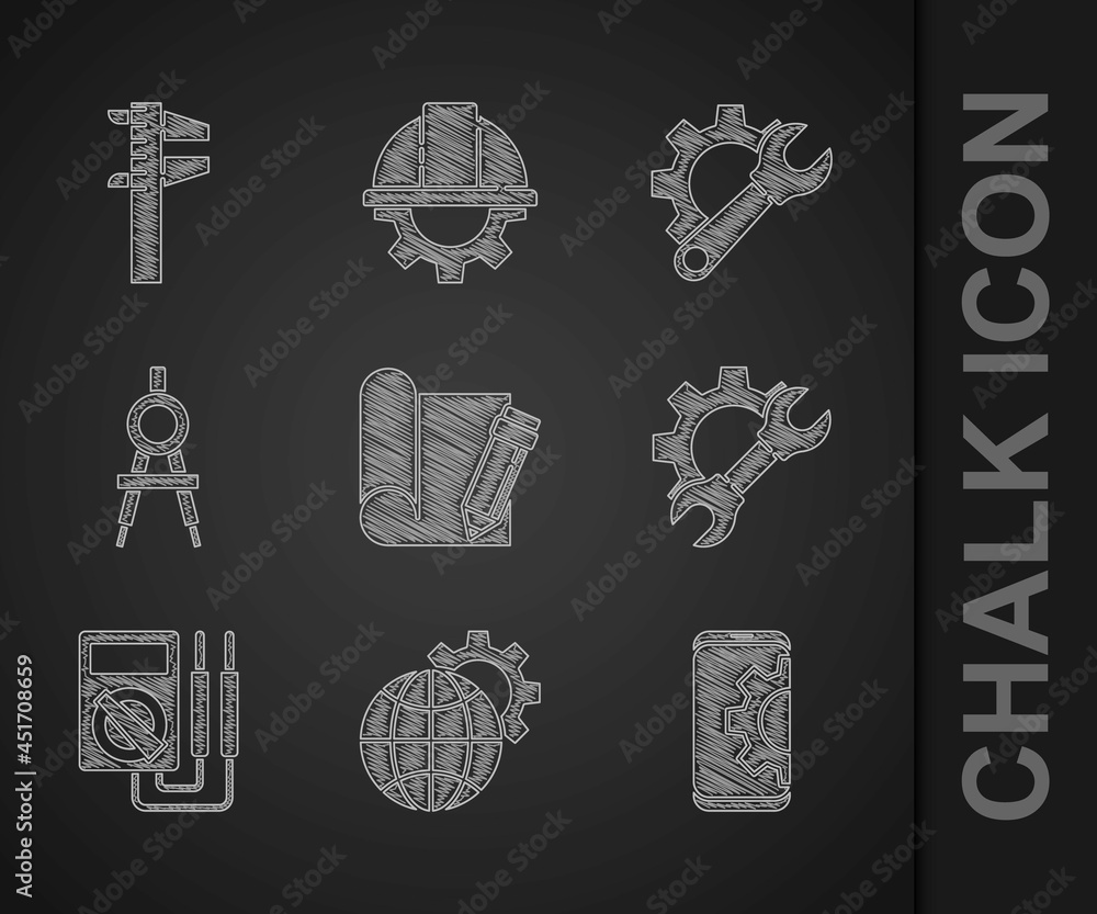 Set Graphing paper and pencil, Globe of the Earth gear, Setting on smartphone, Wrench spanner, Multi