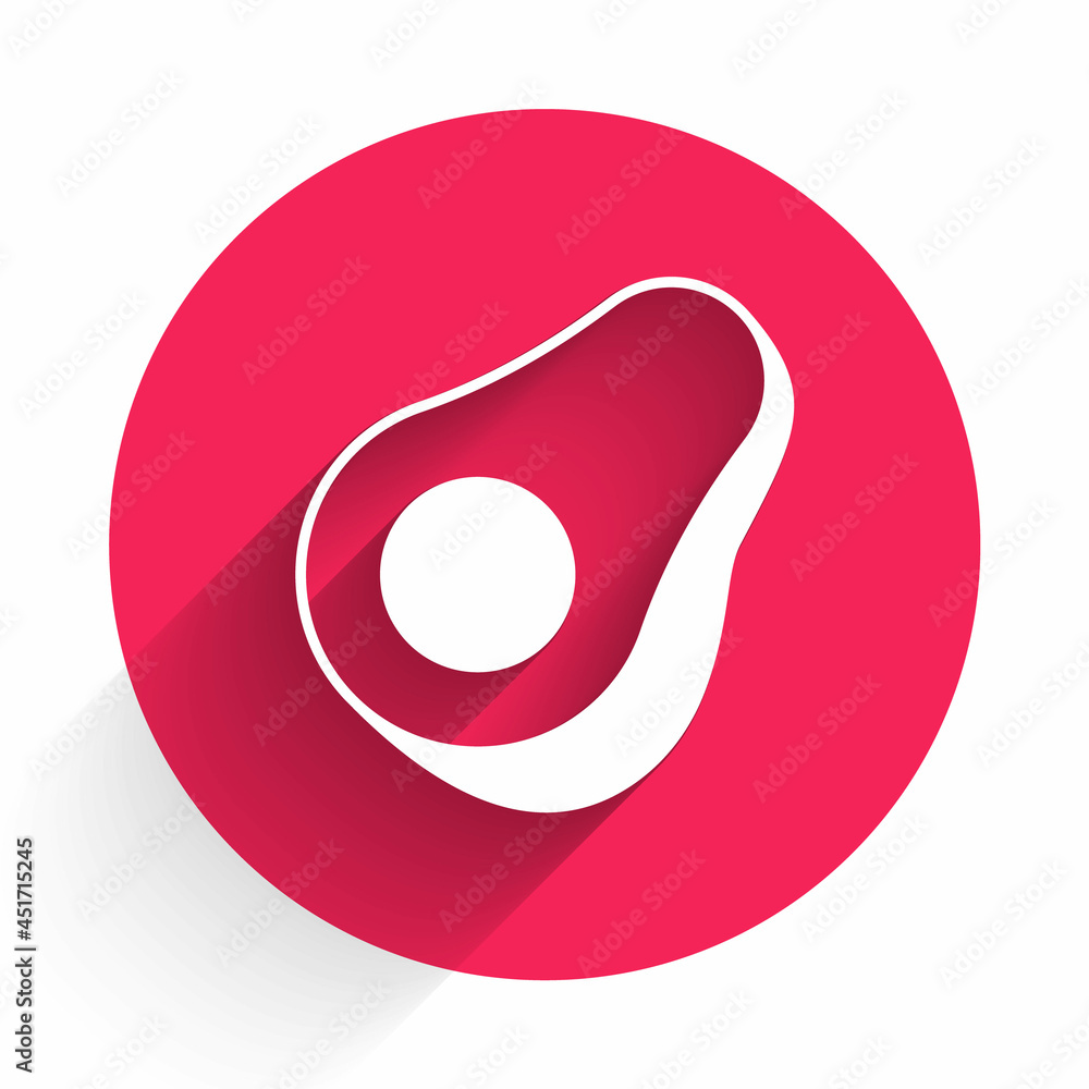 White Avocado fruit icon isolated with long shadow background. Red circle button. Vector