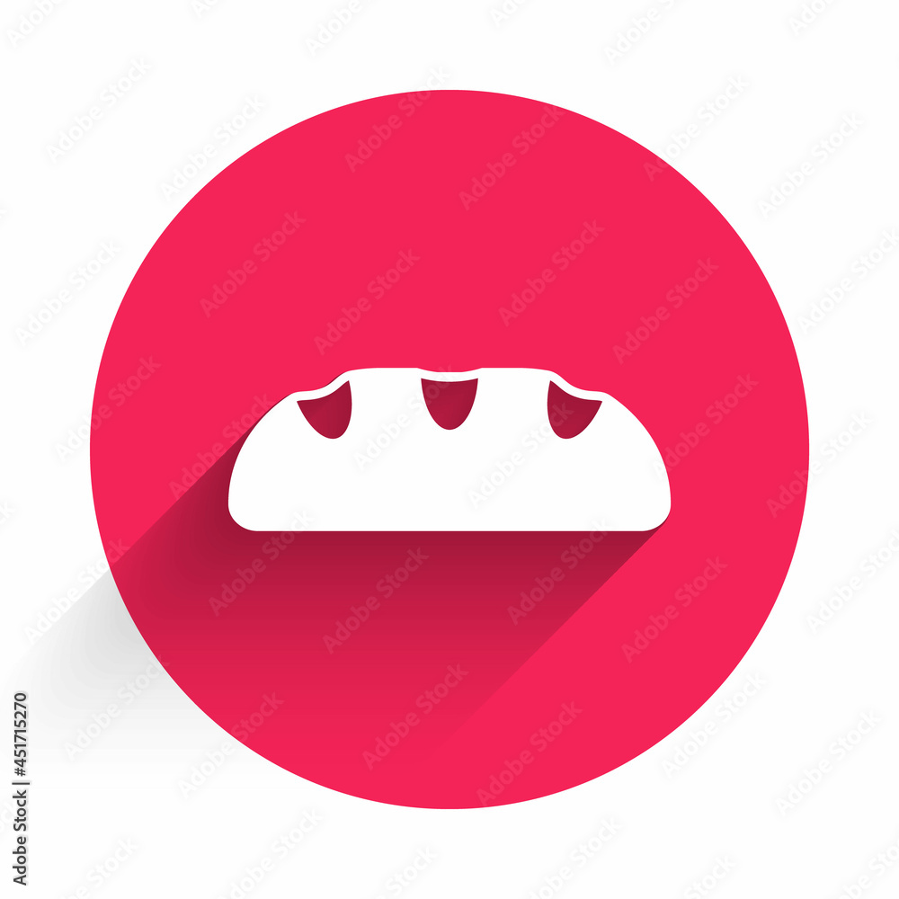 White Bread loaf icon isolated with long shadow background. Red circle button. Vector