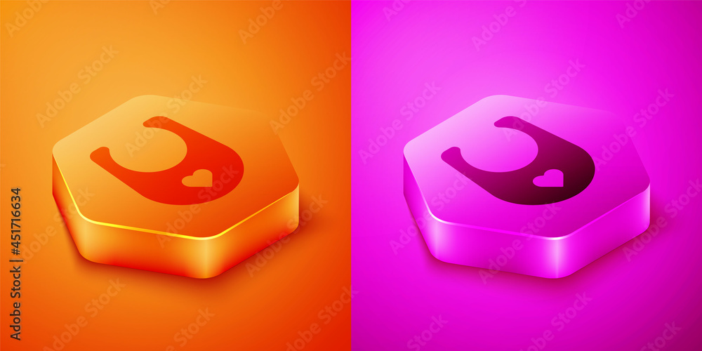 Isometric Baby bib icon isolated on orange and pink background. Hexagon button. Vector