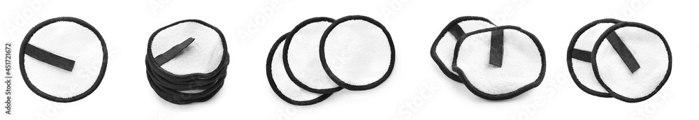 Set of reusable cotton pads on white background