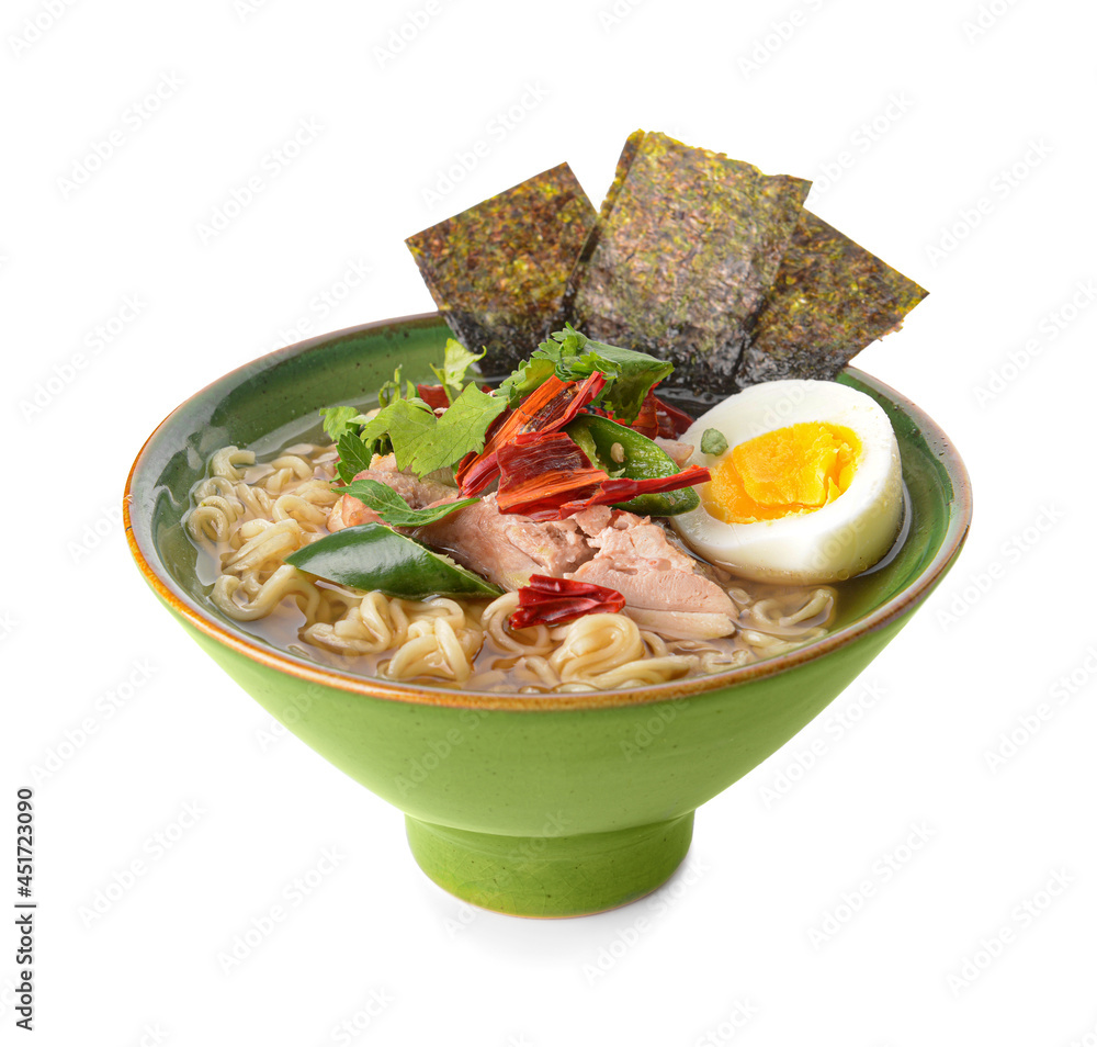 Tasty Chinese soup with chicken in bowl on white background