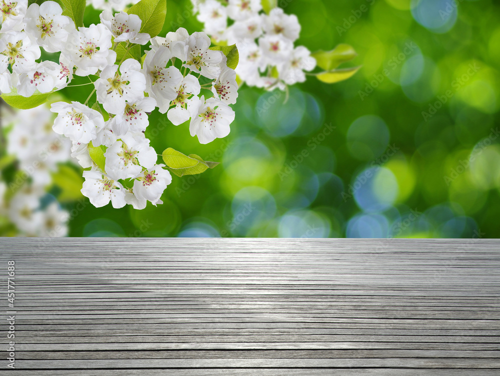 wooden table spring blossom