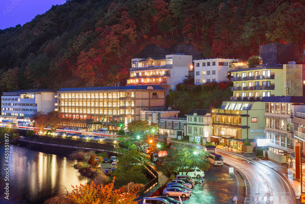 Lake Kawaguchi, Yamanashi, Japan with resorts along the Lakeside