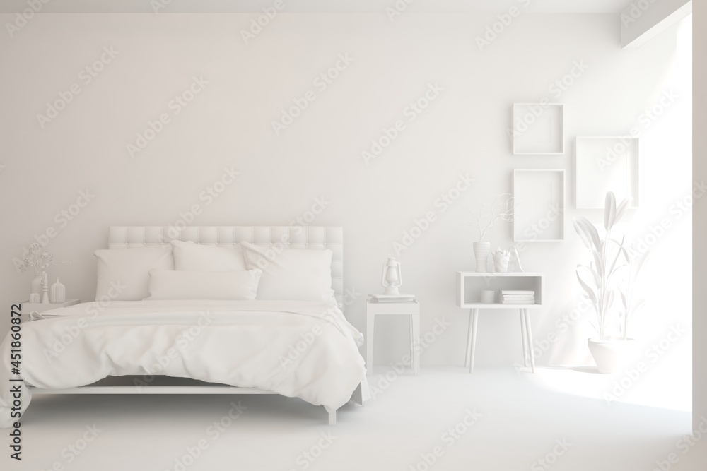 Soft color bedroom interior. Scandinavian design. 3D illustration