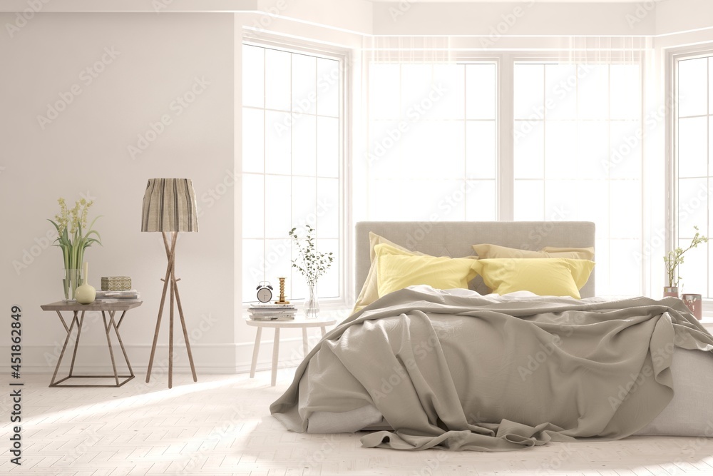 Soft color bedroom interior. Scandinavian design. 3D illustration