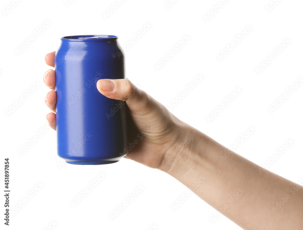 Hand with can of soda on white background