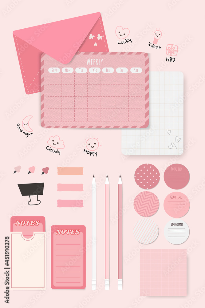 Pink stationery planner set vector