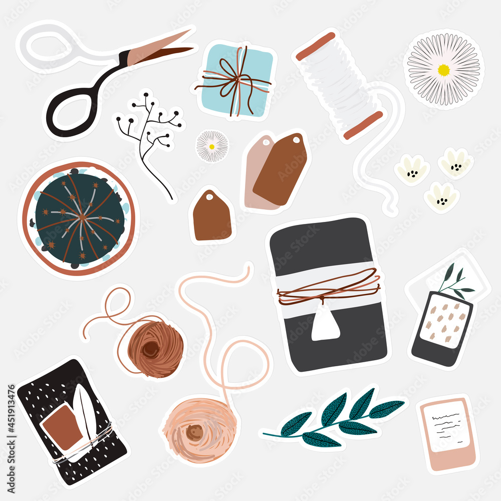 Set of gift wrapping stuff sticker doodle vector