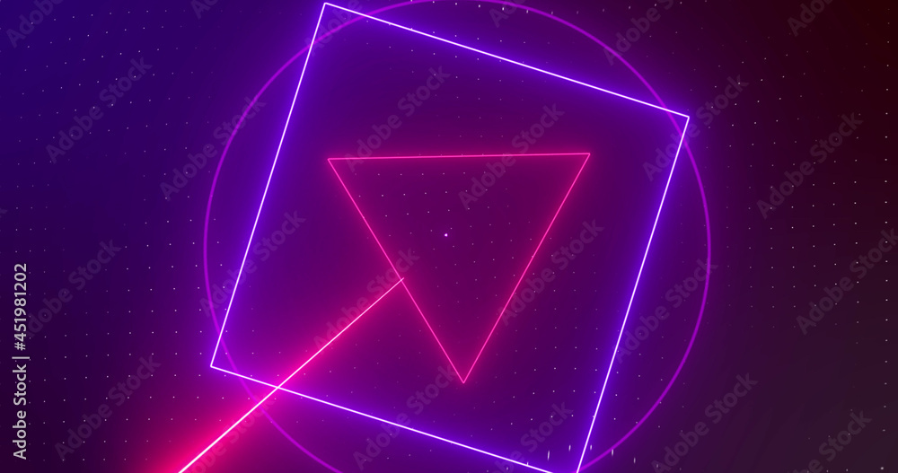 Image of rotating red and pink neon shapes with pink and red laser beams on dark background