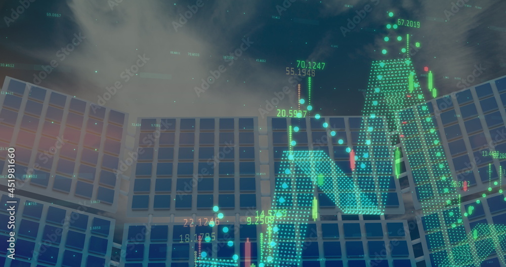 Image of financial data processing over solar panels