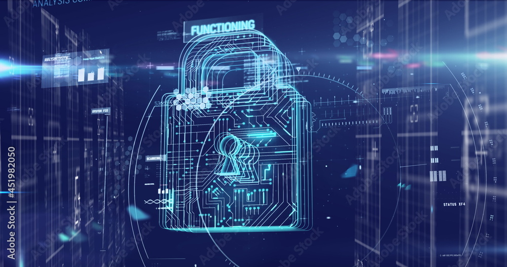 Digital image of glowing security padlock icon and data processing against blue background