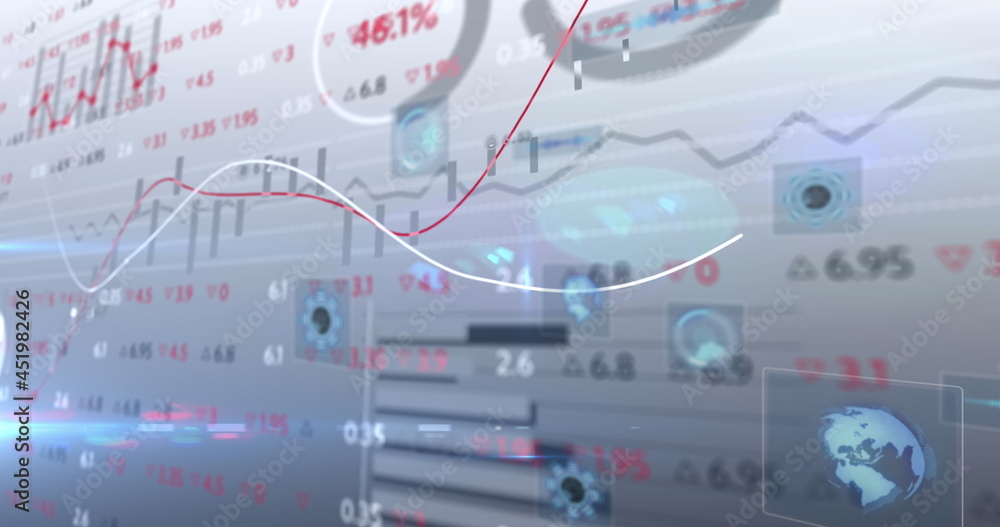 Stock market data processing against multiple round scanners on grey background