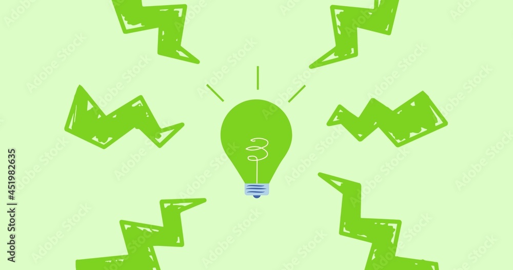 Composition of green light bulb and electricity bolts over green background