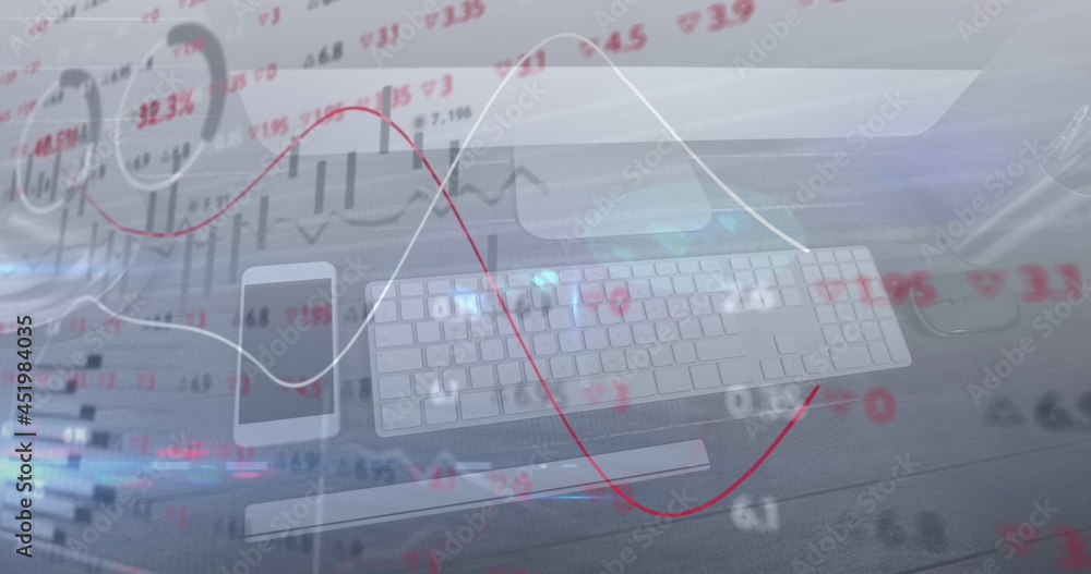 针对办公桌上的办公设备进行财务数据处理的数字合成图像