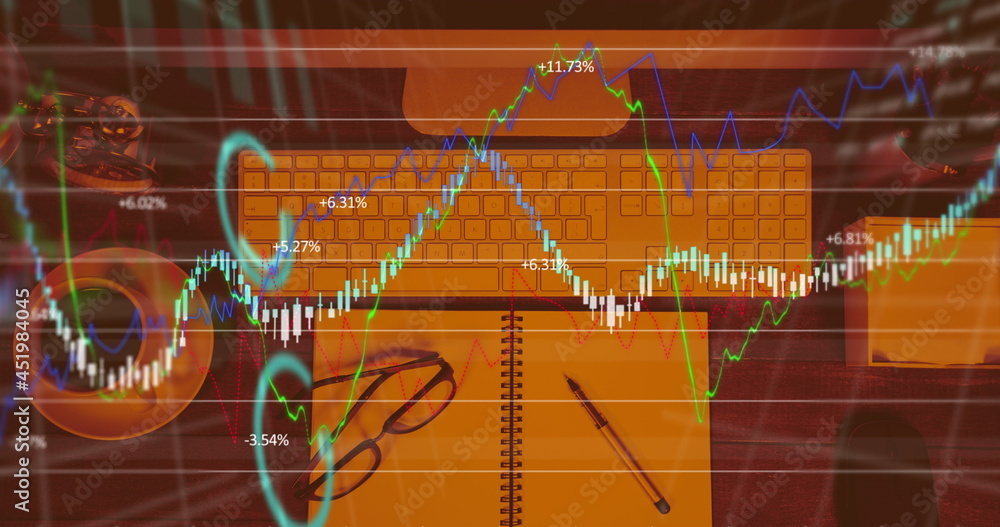 针对办公桌上的办公设备进行财务数据处理的数字合成图像