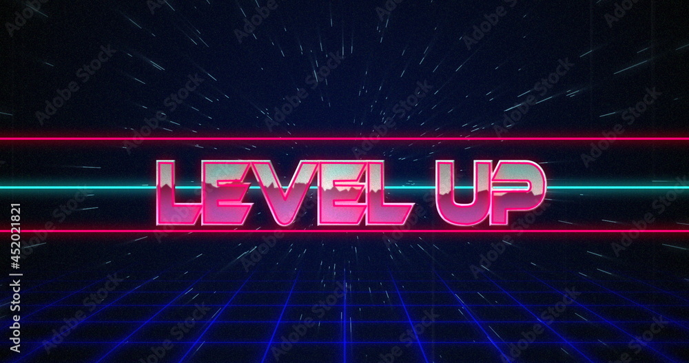 Retro Level Up text glitching over blue and red lines 4k