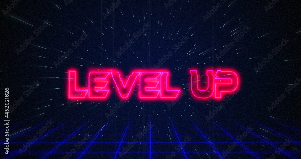 Retro Level Up text glitching over blue and red triangles on white hyperspace effect